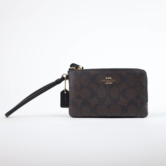 Coach Handbags - Coach Double Zip Wristlet in Signature Canvas Gold/Brown/Black